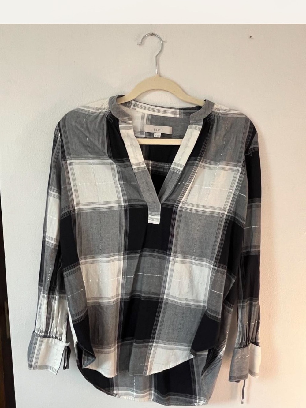 LOFT Black and Gray Plaid Split V-Neck Blouse